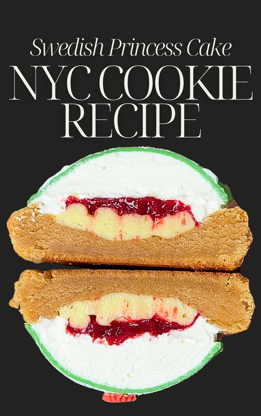 Swedish princess cake cookie, thick NYC style vanilla cookie with pastry cream, raspberry jam and green marzipan, Baked Up recipe