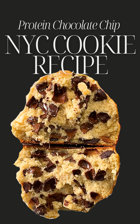 NYC Protein Chocolate Chip Cookie Recipe cover, thick bakery style cookies with 18 grams of protein each